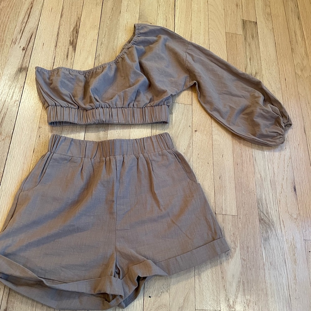 Beige Botany Brown Set | One Shoulder Top and Shorts